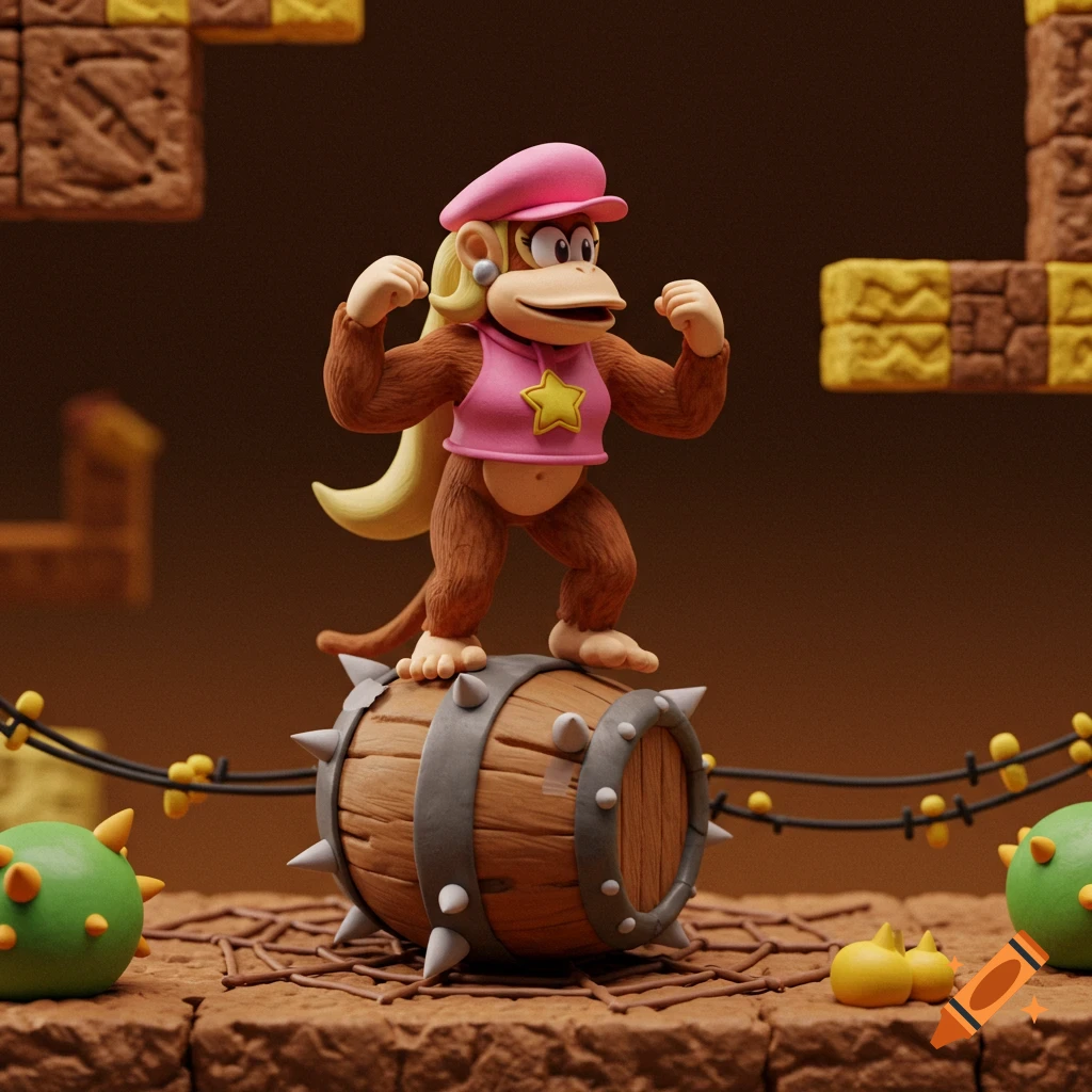 A clay vintage miniature model of Dixie Kong stands on a spike barrel in a Donkey Kong Country platformer scene with powerline webs.