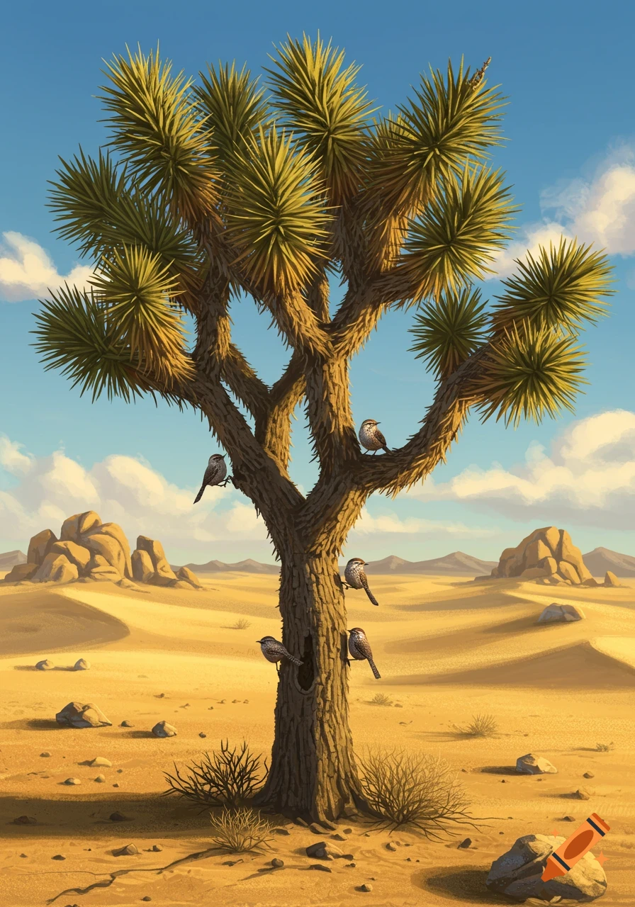 A Joshua tree stands in a sunny desert landscape with several small birds perched on its branches, under a blue sky.