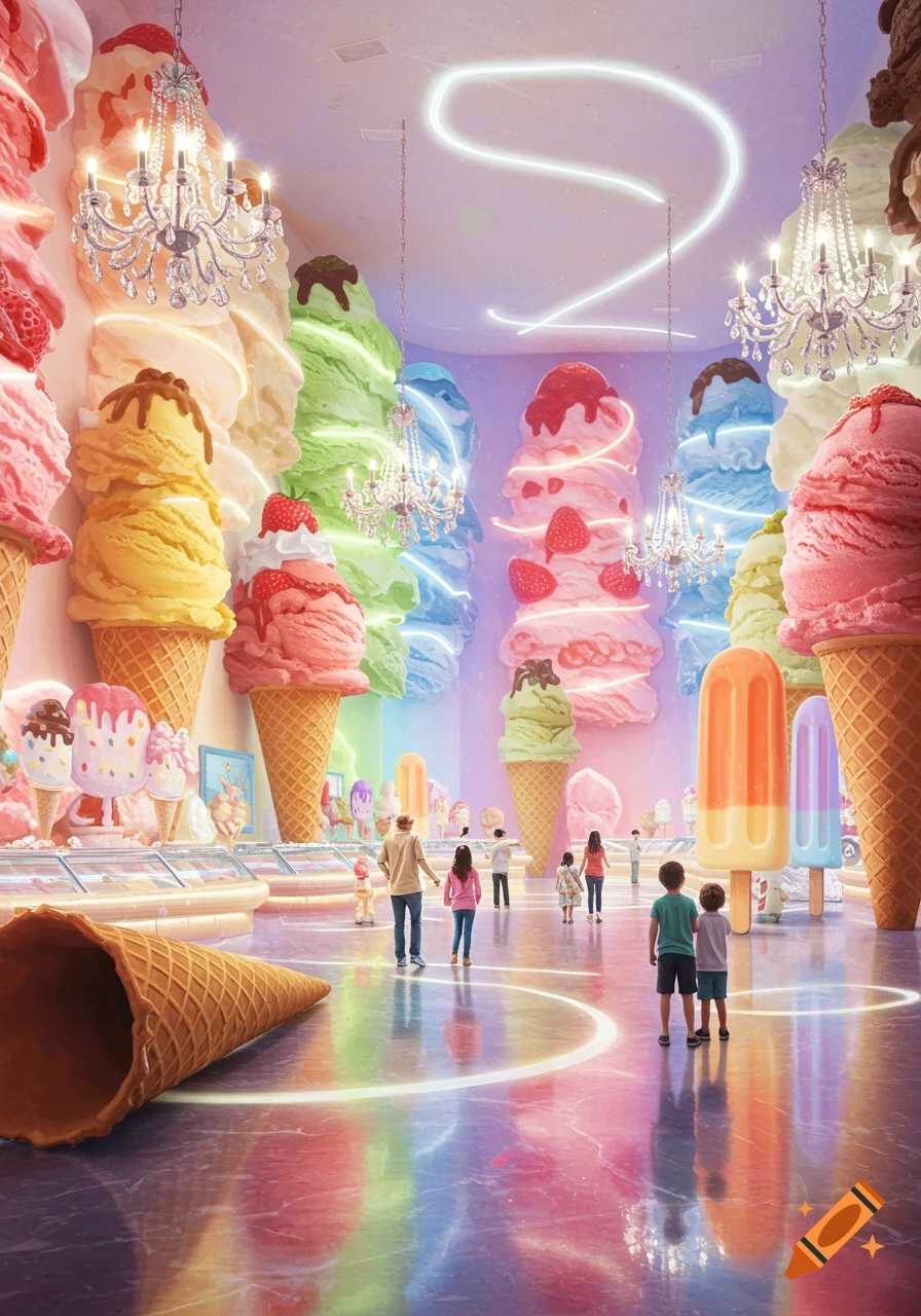 A vibrant, whimsical art gallery filled with colossal ice cream cone sculptures and chandeliers. Families explore the colorful, dessert-themed exhibition.