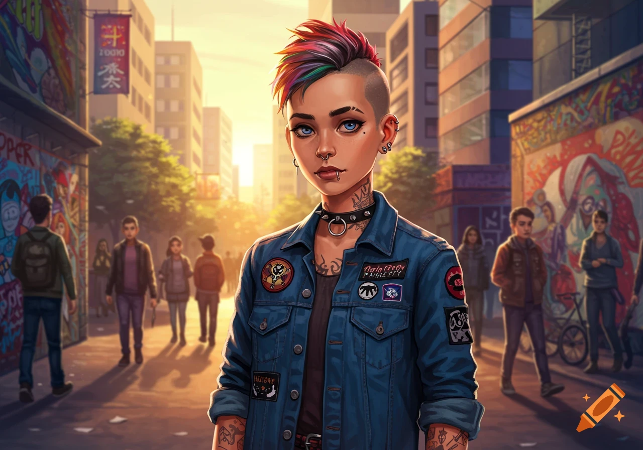 A stylized illustration of a young person with a colorful mohawk and piercings, wearing a denim jacket with patches, standing on a sunny urban street with graffiti-covered walls and blurry figures in the background.
