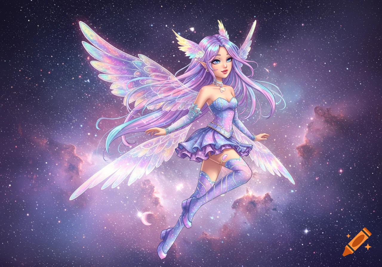 Anime fairy girl with pastel hair and iridescent wings floats in a vibrant cosmic background.