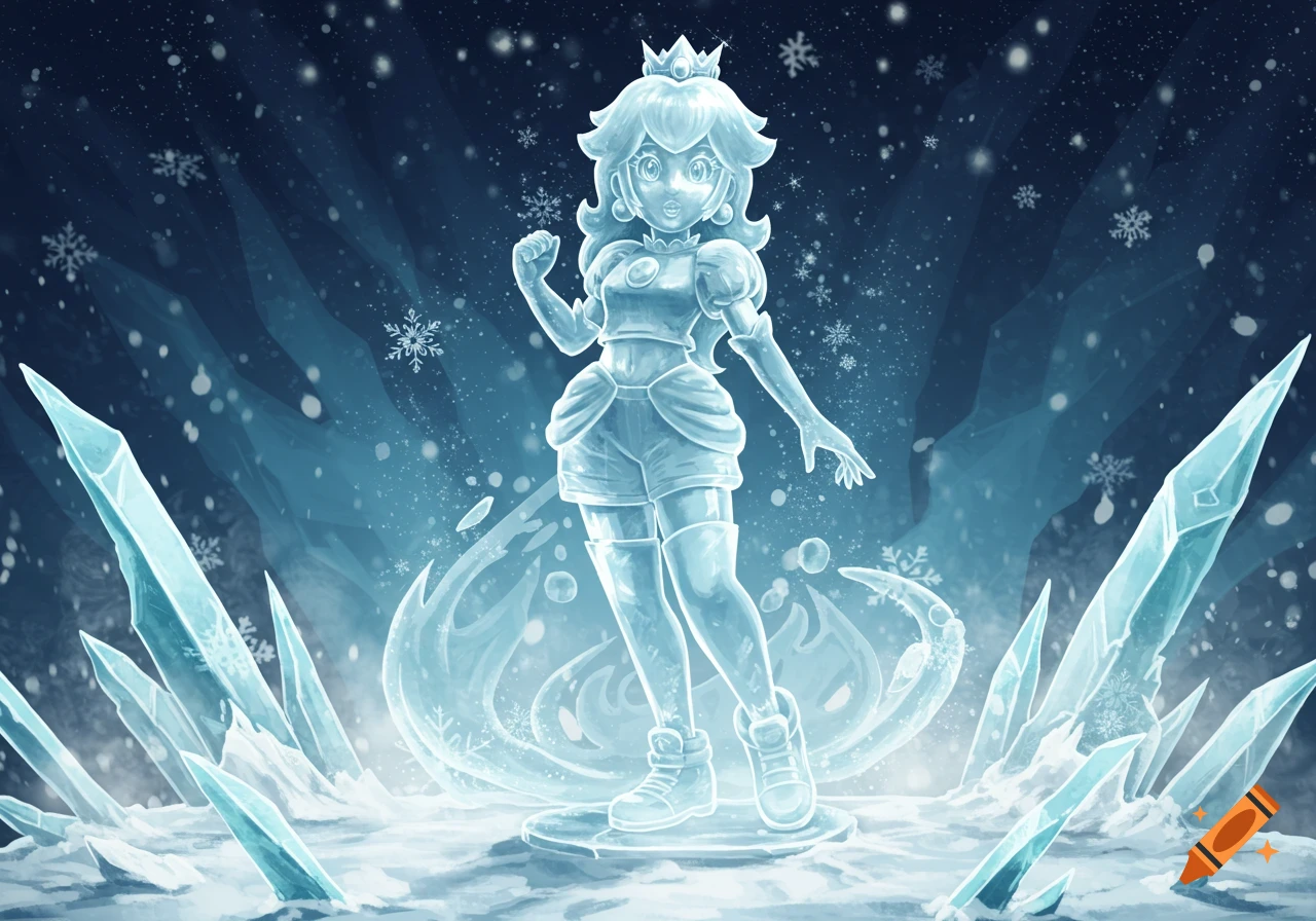 Princess Peach rendered as a shimmering ice statue, standing in an icy cavern with ice shards and falling snowflakes.