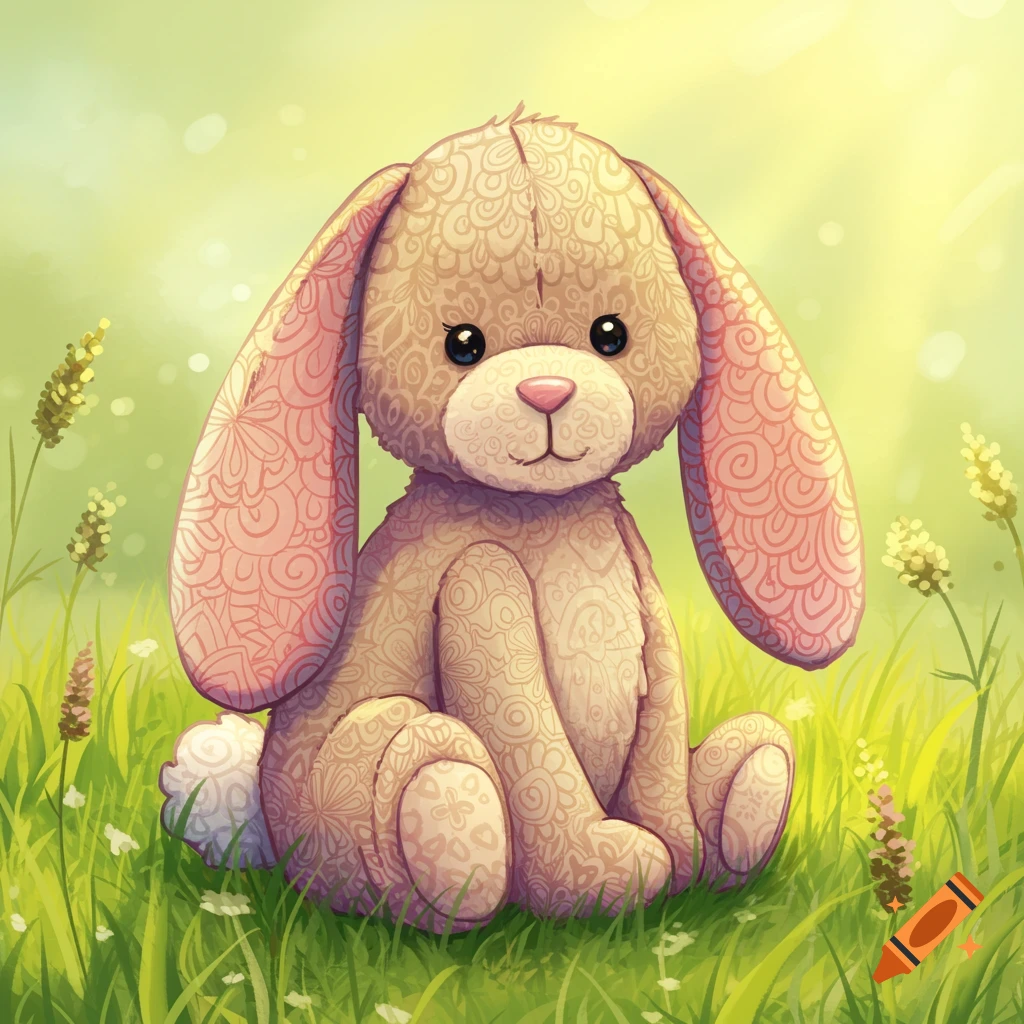 A cute brown teddy bear rabbit with zentangle patterns on its fur sits in vibrant green grass under a sunny sky.