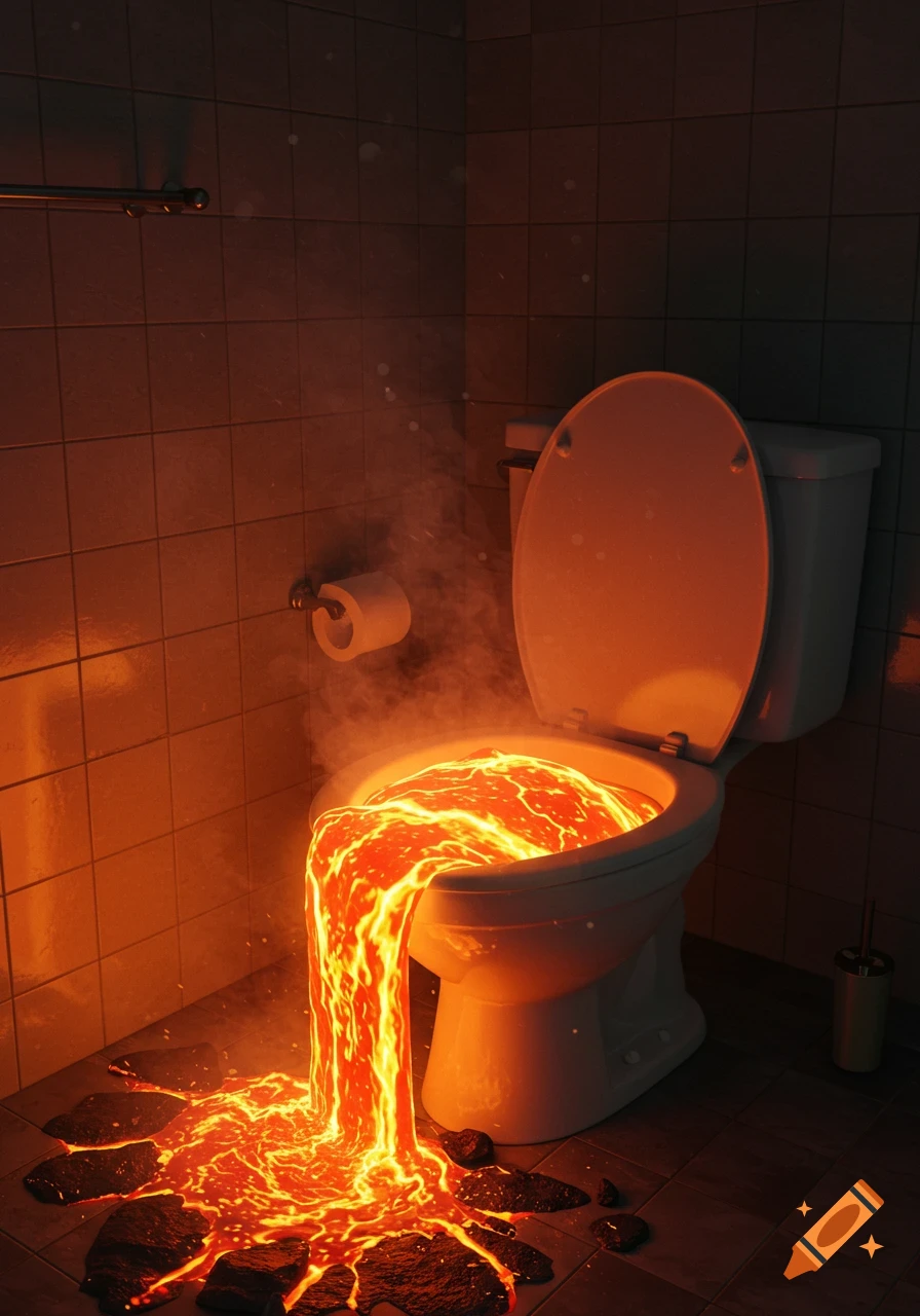 A photorealistic image of a toilet overflowing with bright orange and red lava, which has spilled onto the tiled bathroom floor.