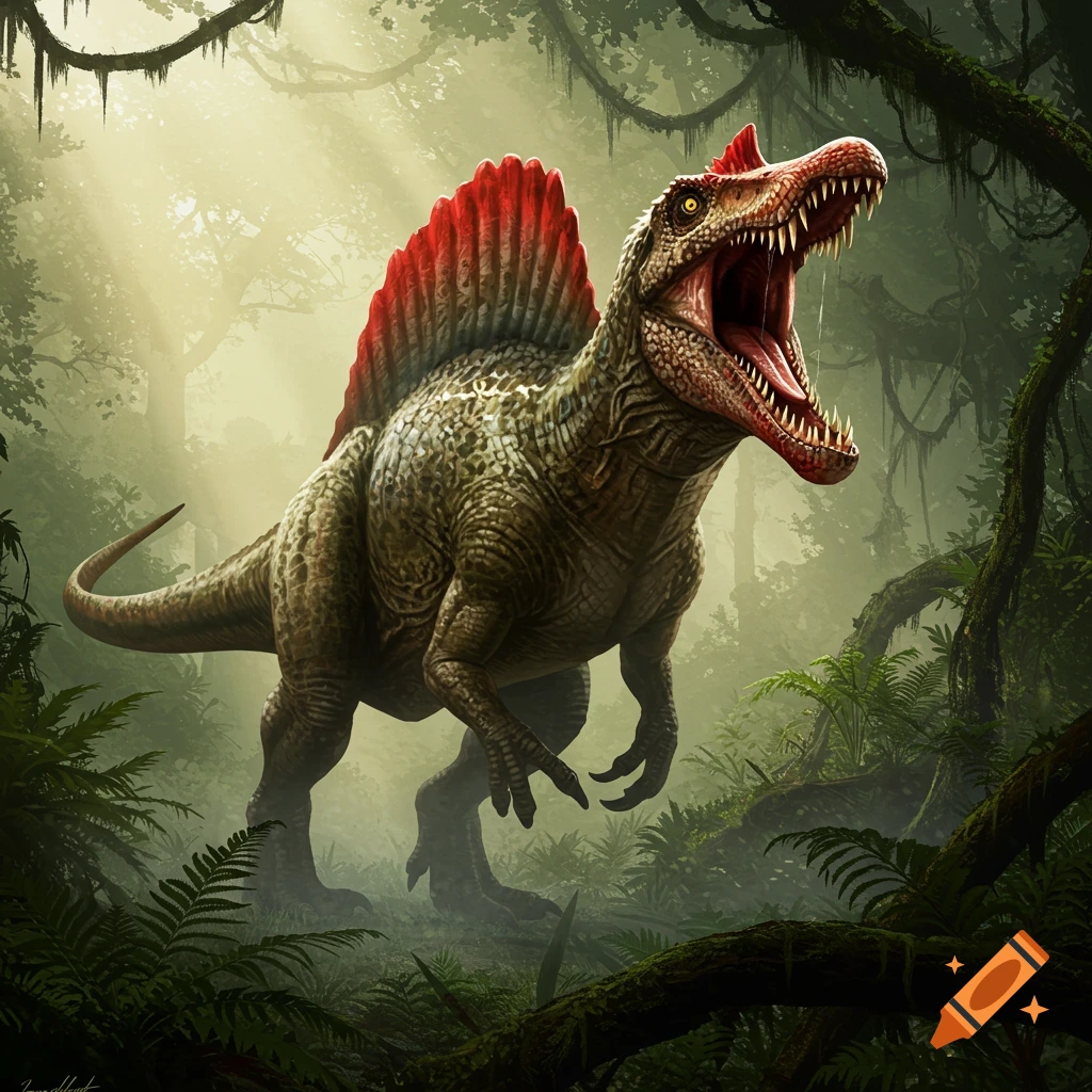 A large Spinosaurus dinosaur with a red sail roars in a lush, sunlit jungle.