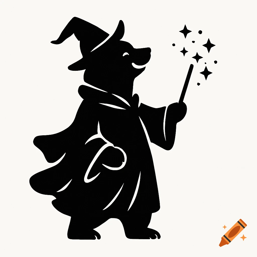 A black silhouette illustration of a smiling bear in a wizard's hat and robe, holding a magic wand with stars emanating from it.