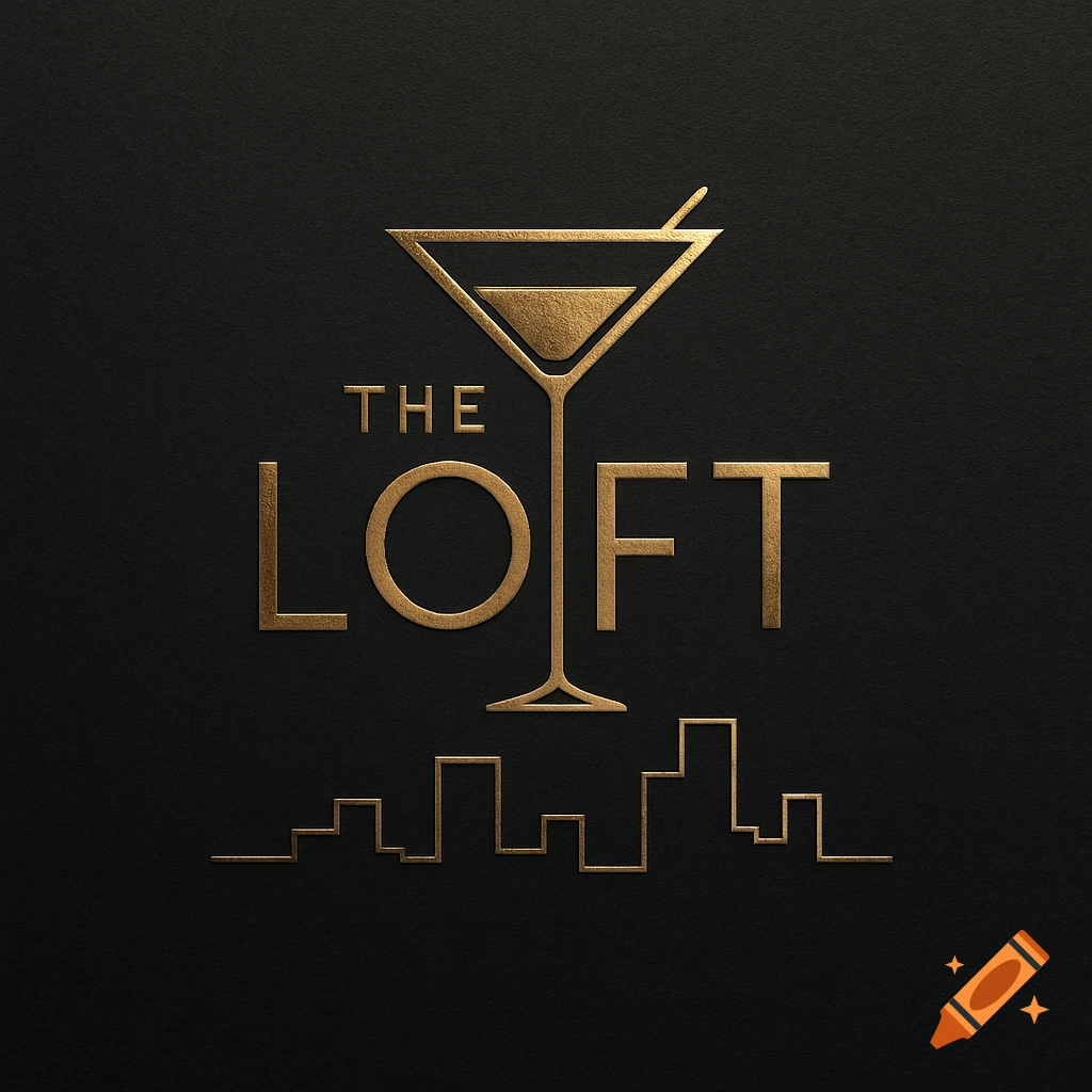 Golden minimalist logo for 'The Loft' featuring a martini glass and city skyline outline on a dark background.