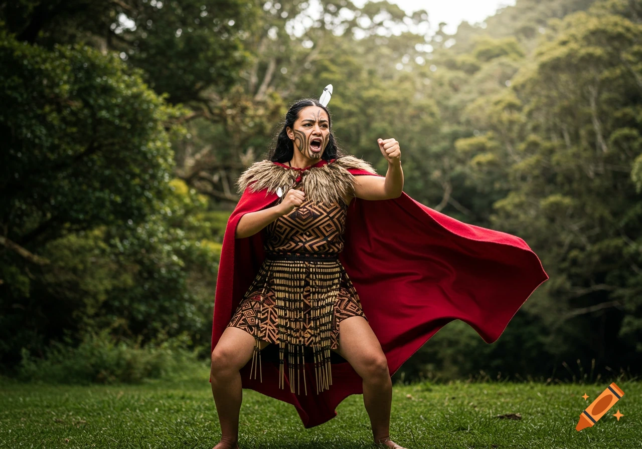 A powerful Maori woman in traditional attire, including a red cape and facial tattoos, performing a haka in a lush green outdoor setting.