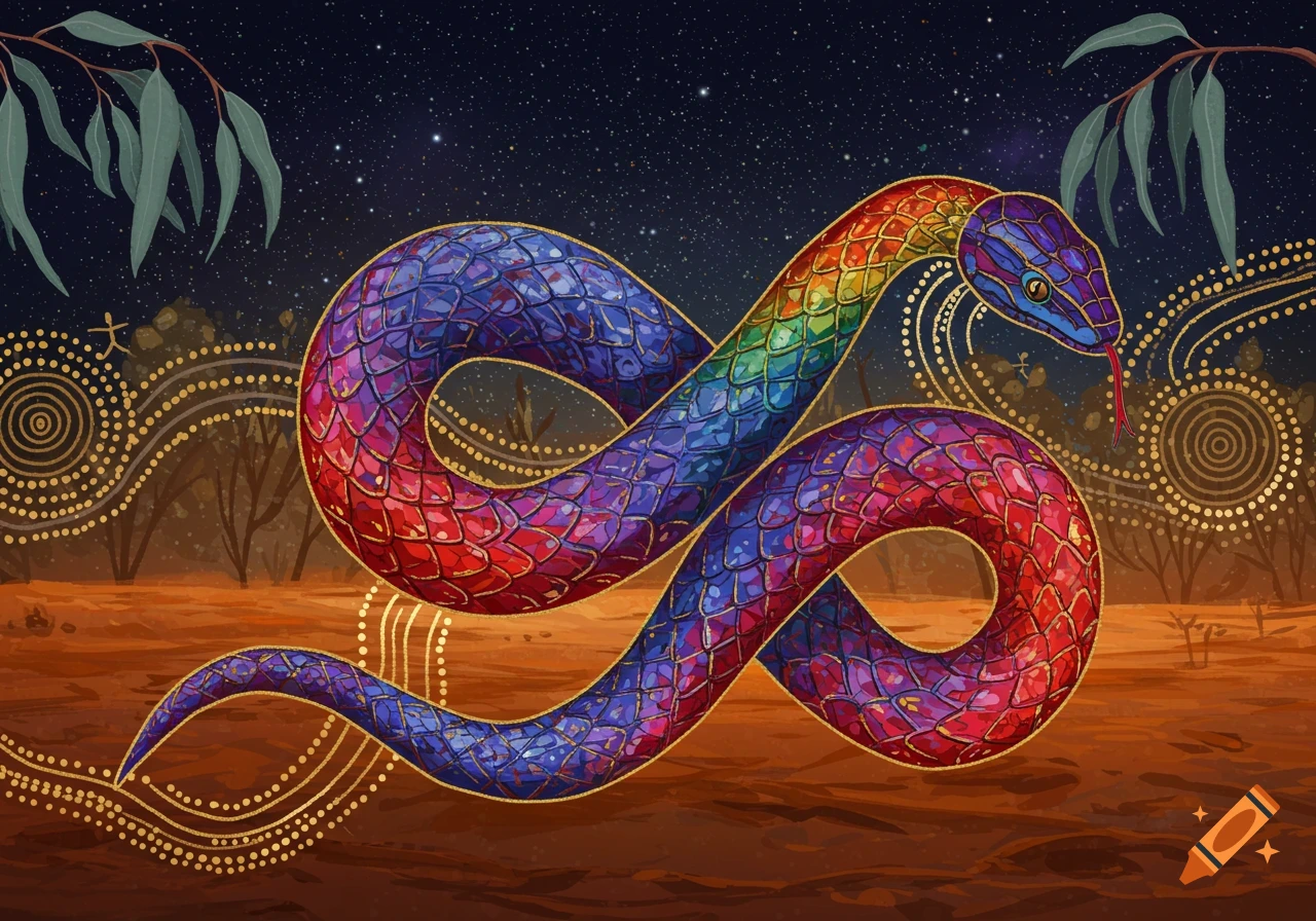 Vibrant rainbow-colored snake coiling in an Aboriginal art style desert landscape under a starry night sky.