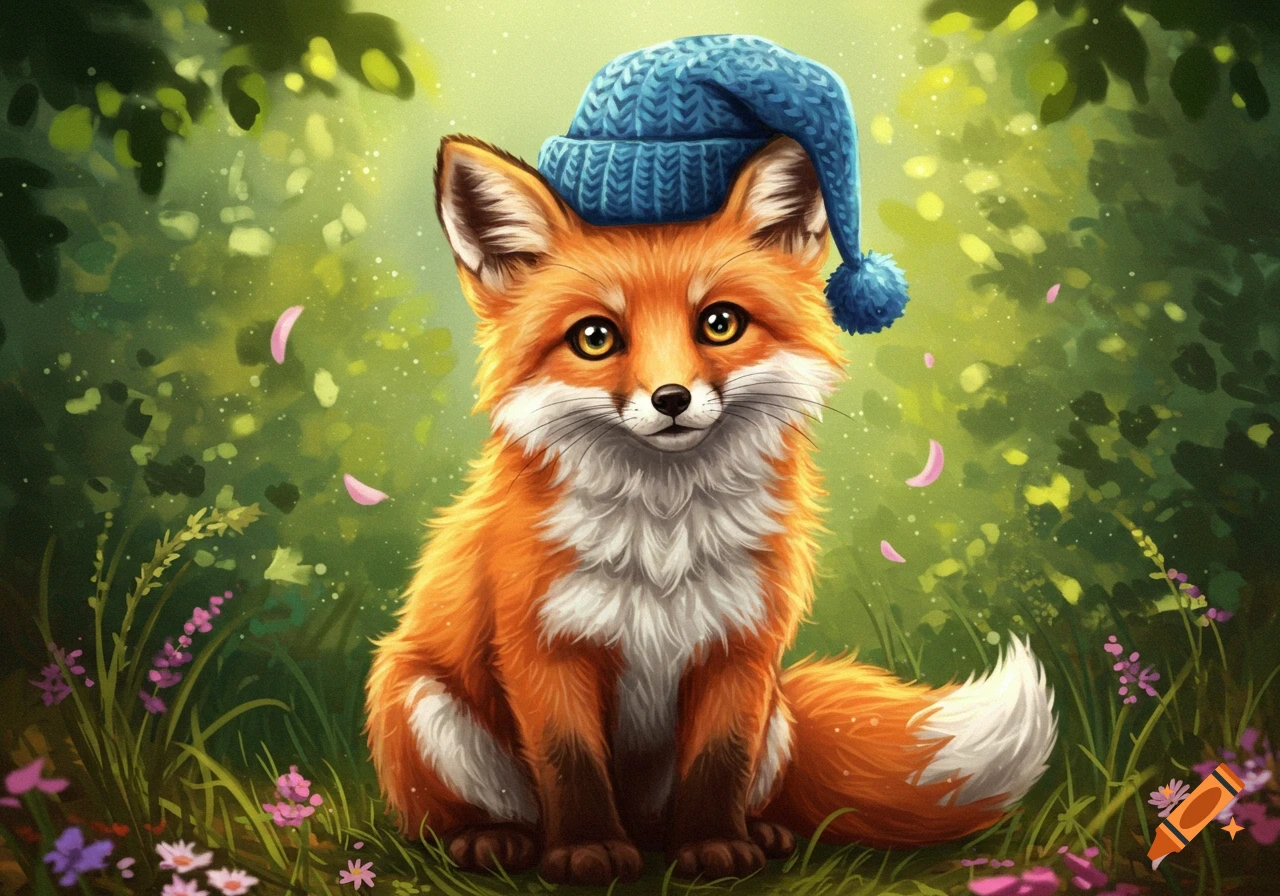 A cute, fluffy orange fox with a white chest and yellow eyes wears a blue knitted hat while sitting in a vibrant green forest with pink flowers.