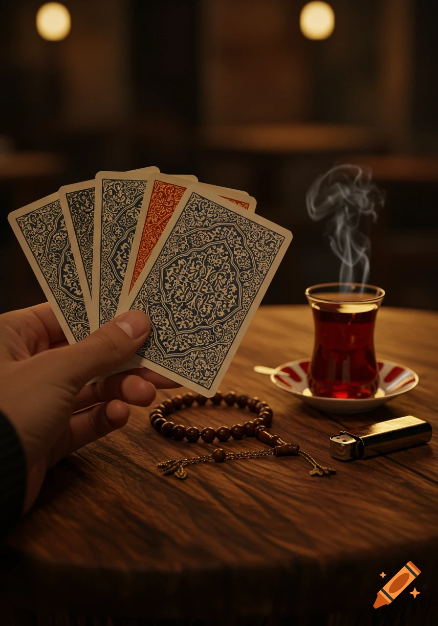 A hand holds five playing cards on a wooden table next to a steaming glass of tea, prayer beads, and a lighter, in a warm-lit Syrian cafe.