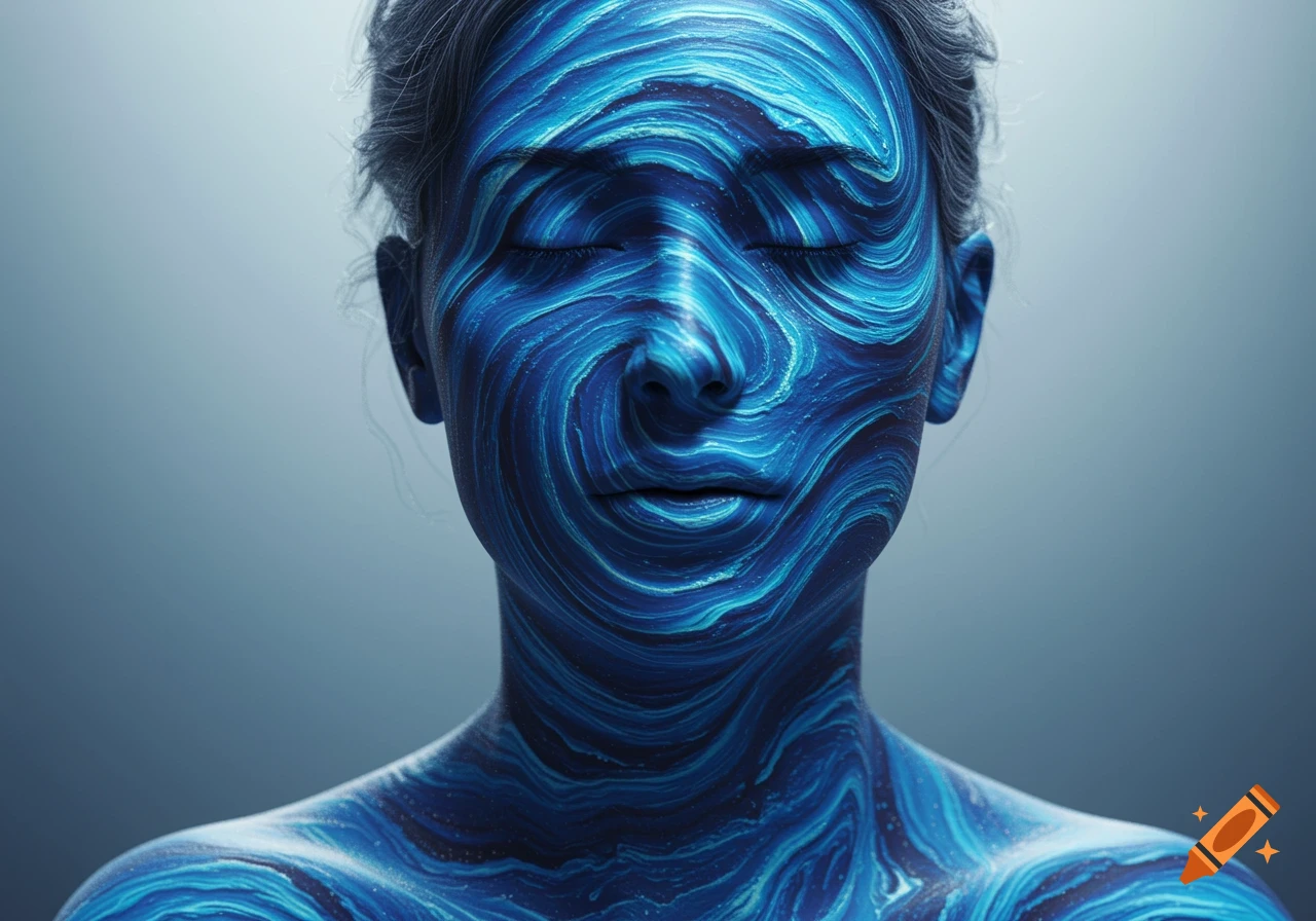 Close-up of a person with eyes closed, their face and chest covered in vibrant blue swirling patterns.