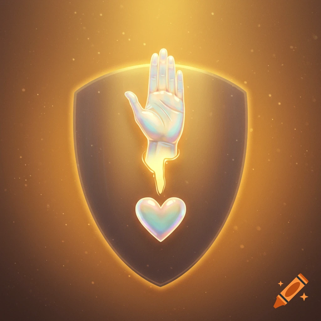 A stylized glowing hand emerges from a dark shield with an iridescent heart below, all against a warm golden background.