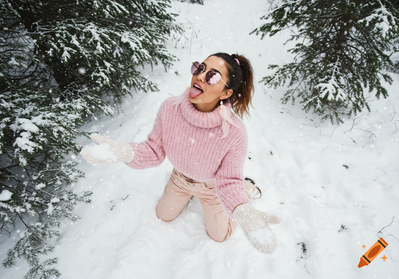 A young woman in a pink sweater and sunglasses kneels in snow, sticking out her tongue to catch snowflakes, surrounded by snow-covered pine trees.