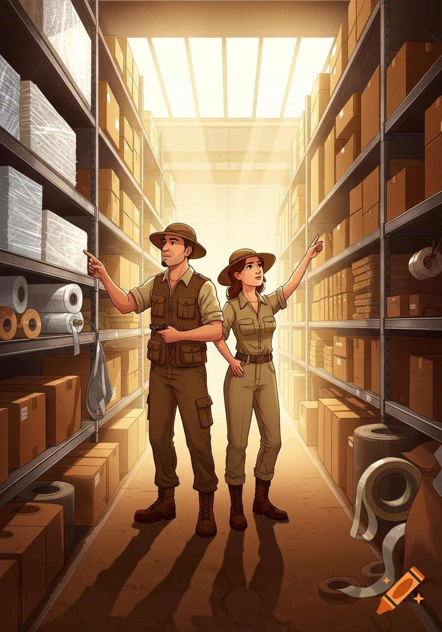 Cartoon illustration of a man and woman in safari outfits exploring a warehouse filled with boxes.