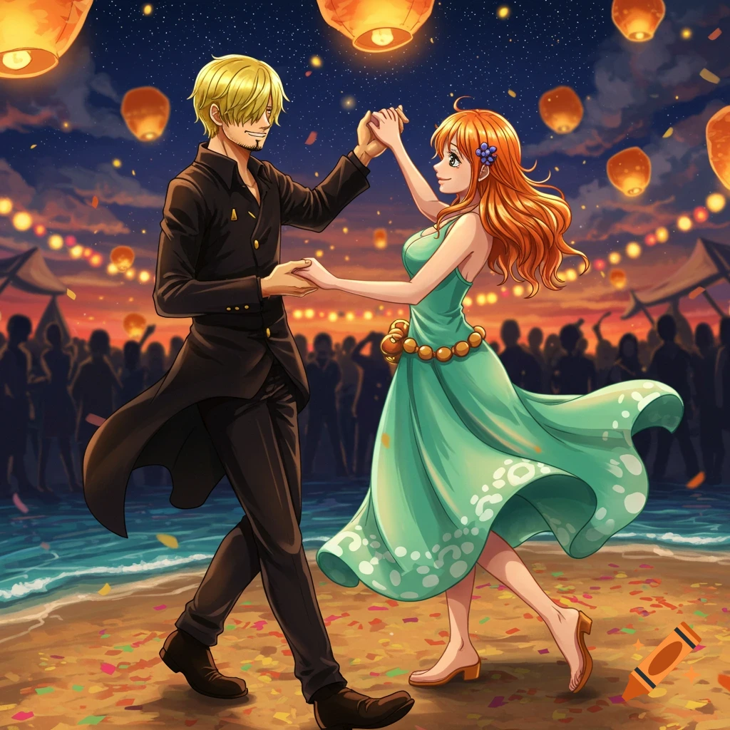 Sanji and Nami from One Piece dancing on a beach at night during a lantern festival, anime style.