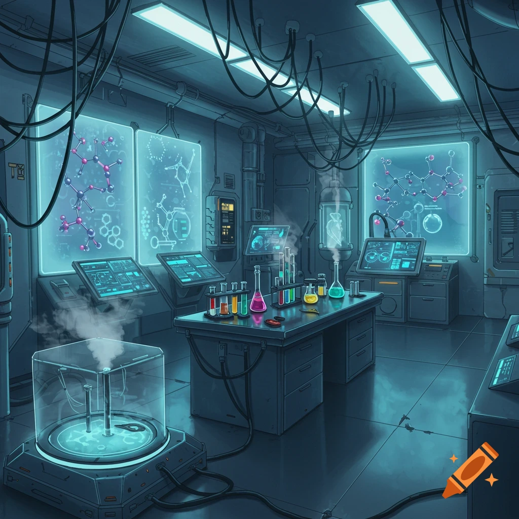 A detailed, futuristic laboratory with glowing screens, colorful beakers, and scientific equipment.