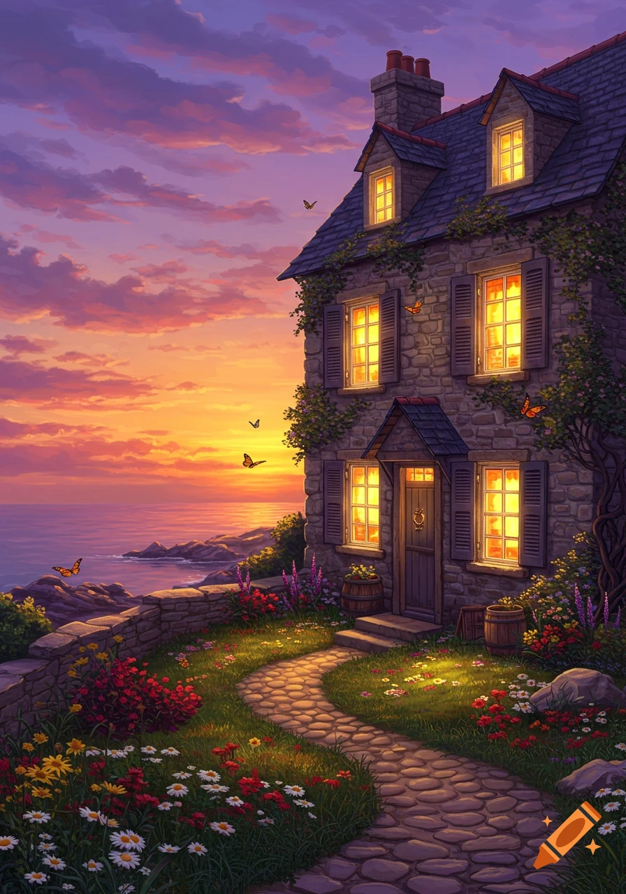 Whimsical stone cottage with glowing windows on a cliff overlooking the ocean at sunset, with a path winding through a vibrant garden.