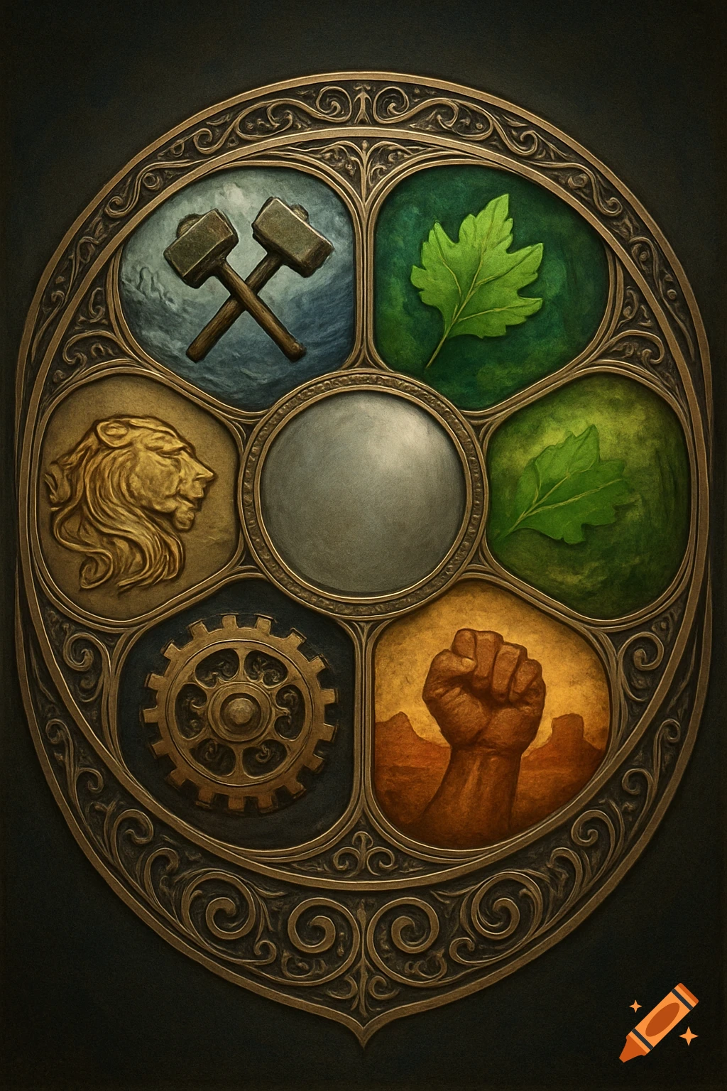 An ornate, circular fantasy crest with six segments, each depicting a symbol like hammers, leaves, a lion, a gear, and a raised fist, surrounding a central silver circle.