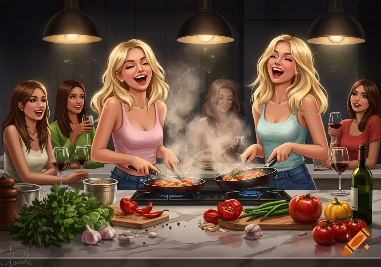 Several women laughing and cooking in a kitchen, with friends drinking wine in the background. Photorealistic style.