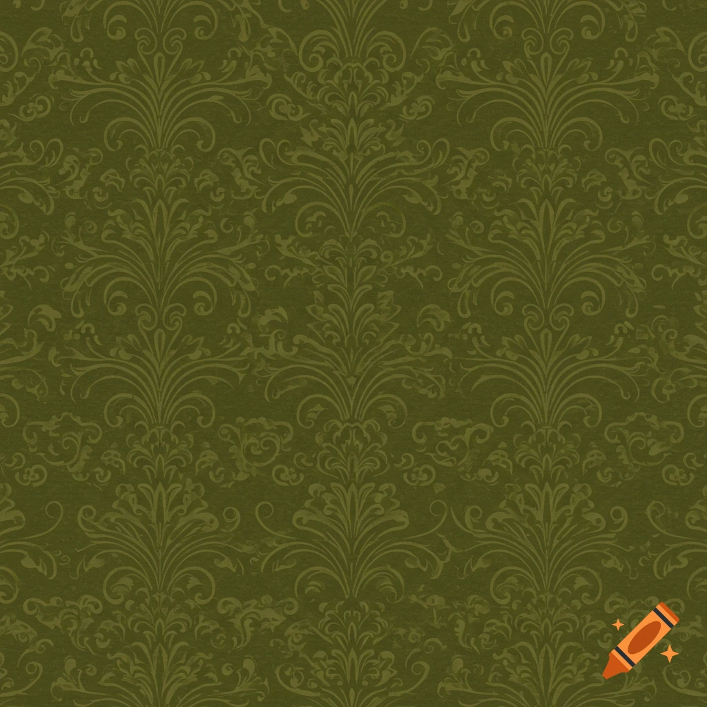 A seamless dark yellowish-green vintage wallpaper pattern with brighter ornate damask motifs.