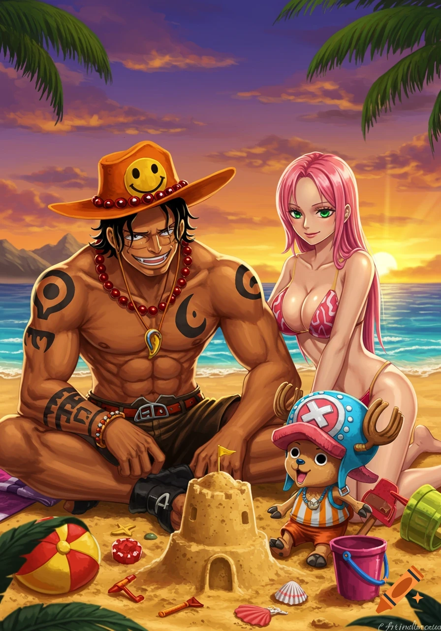 Portgas D. Ace and a pink-haired woman in a bikini relax on a tropical beach with Tony Tony Chopper building a sandcastle.