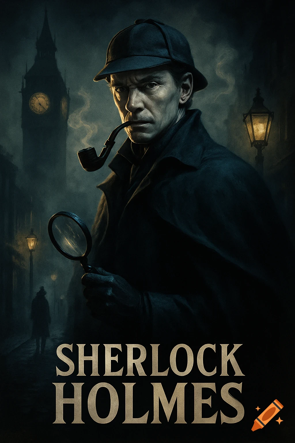 Dramatic movie poster of Sherlock Holmes holding a pipe and magnifying glass, with Big Ben and foggy London street in background, text 'SHERLOCK HOLMES'.