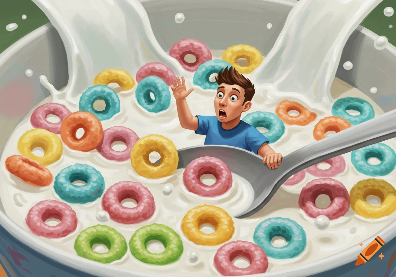 A man, shrunk down, appears to be drowning in a large bowl of milk and colorful ring-shaped cereal.