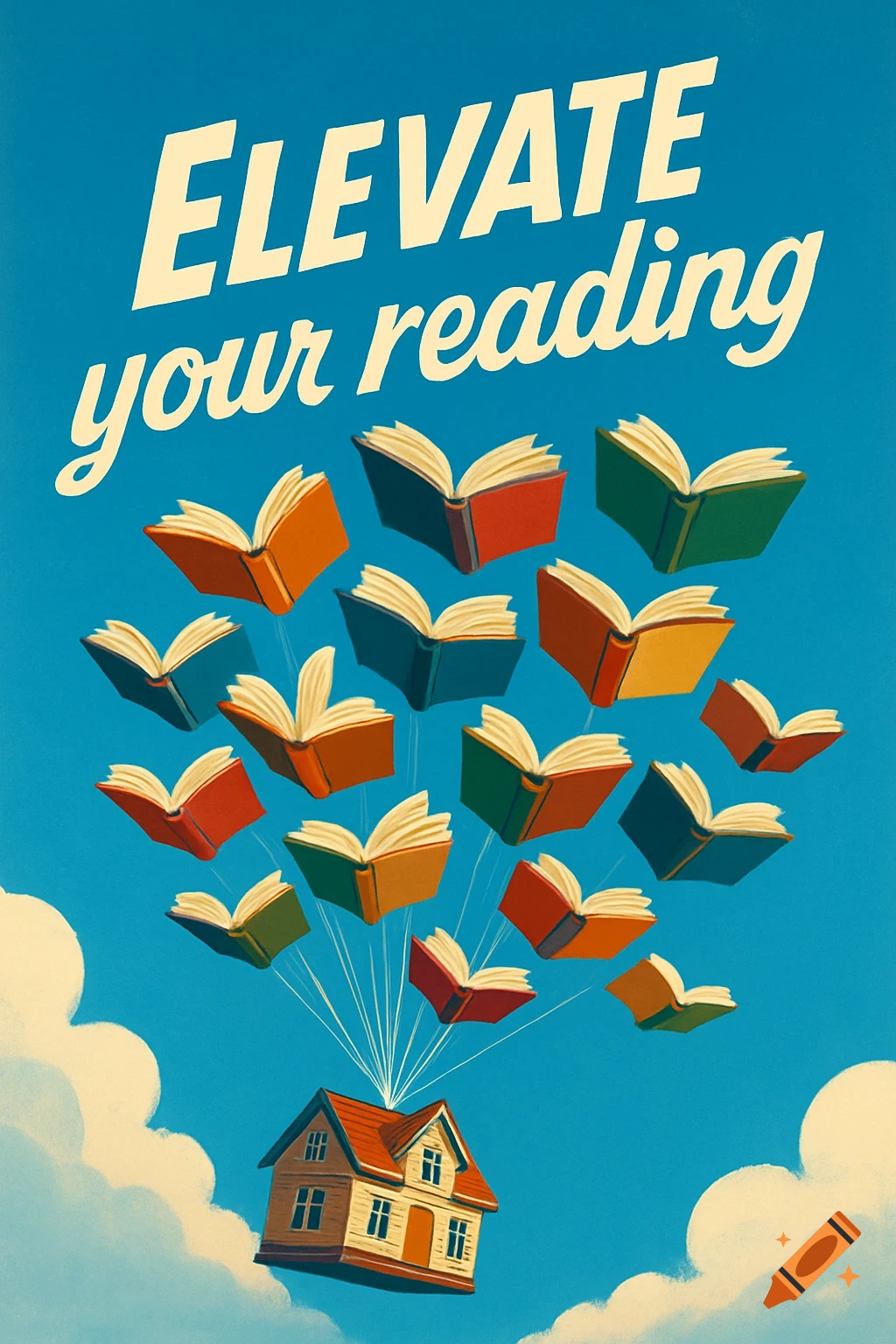 A whimsical poster showing a house floating in a blue sky, carried by numerous open books like balloons, with text 'Elevate your reading'.
