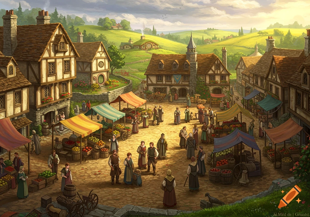A bustling medieval town square with market stalls and people, framed by timber-frame houses and green hills with hobbit homes in the background.