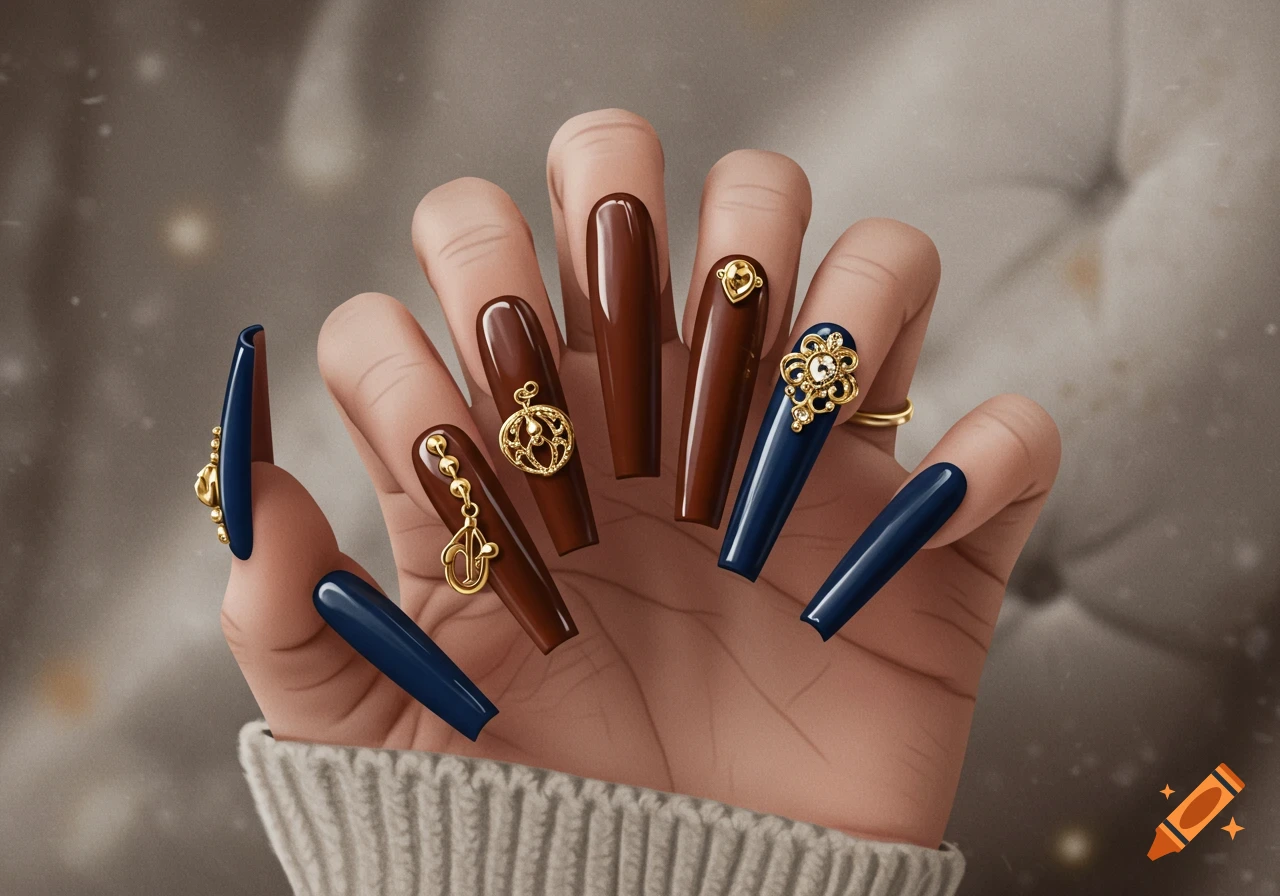 Close-up of a hand with long brown and dark blue coffin nails adorned with gold charms.