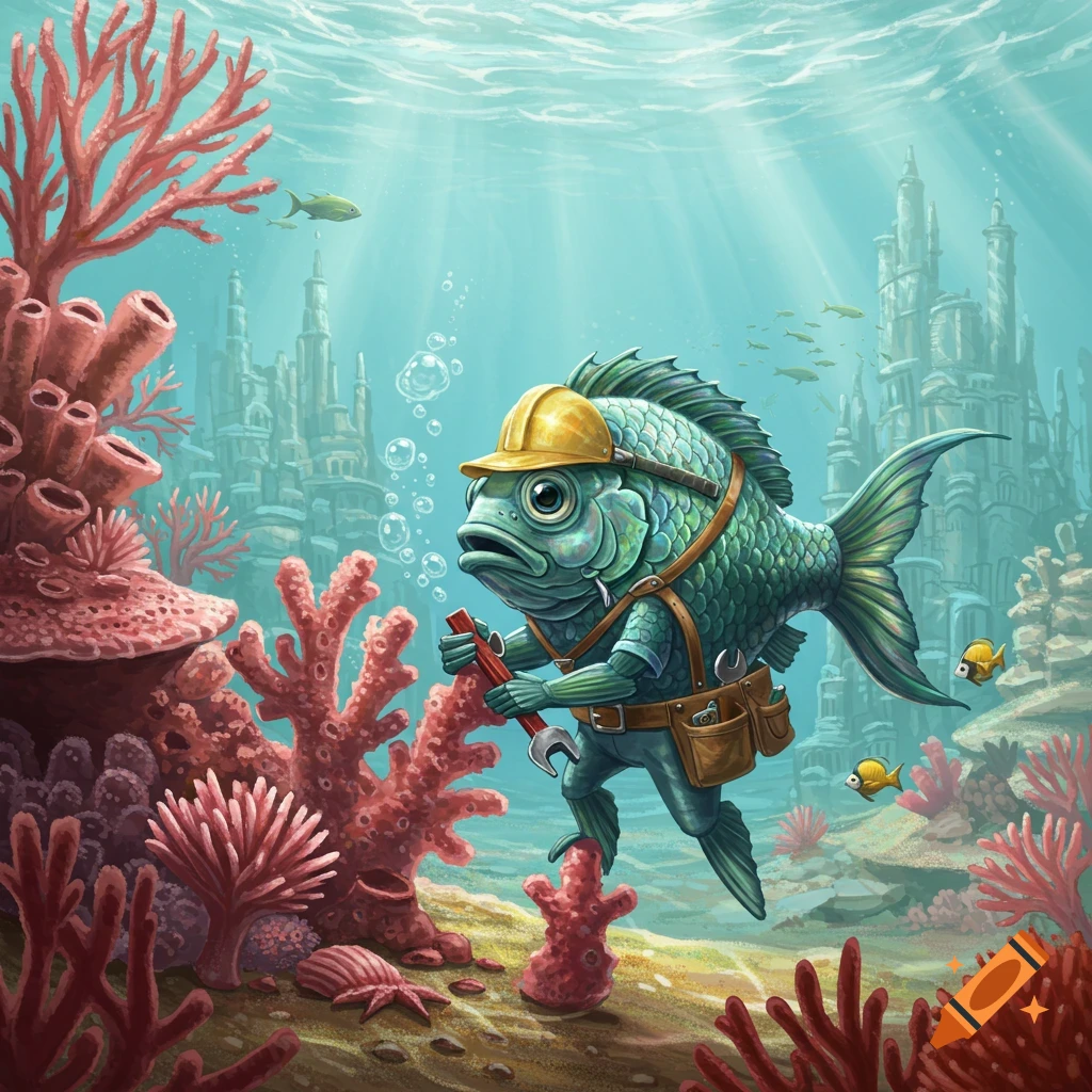 An anthropomorphic fish wearing a hard hat and tool belt, holding a wrench, stands among coral in an underwater city.