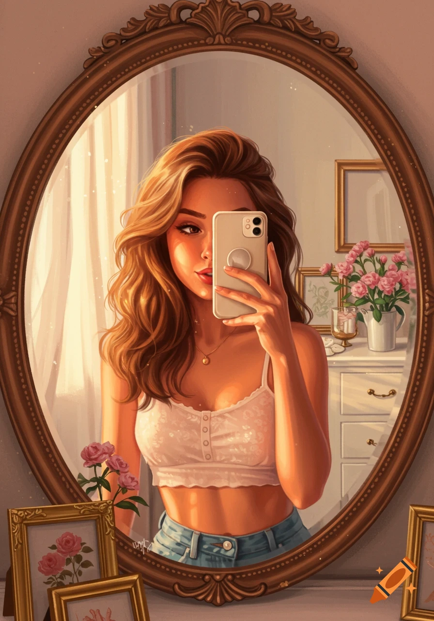 A stylized illustration of a young woman with wavy hair taking a mirror selfie in an ornate oval mirror, surrounded by roses.