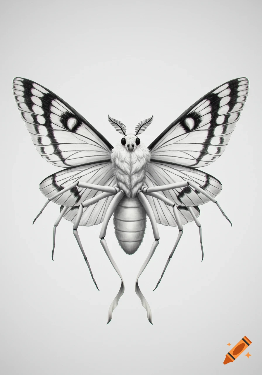 A black and white digital illustration of a moth-spider hybrid creature with moth wings and head, and a spider-like body and legs, on a white background.