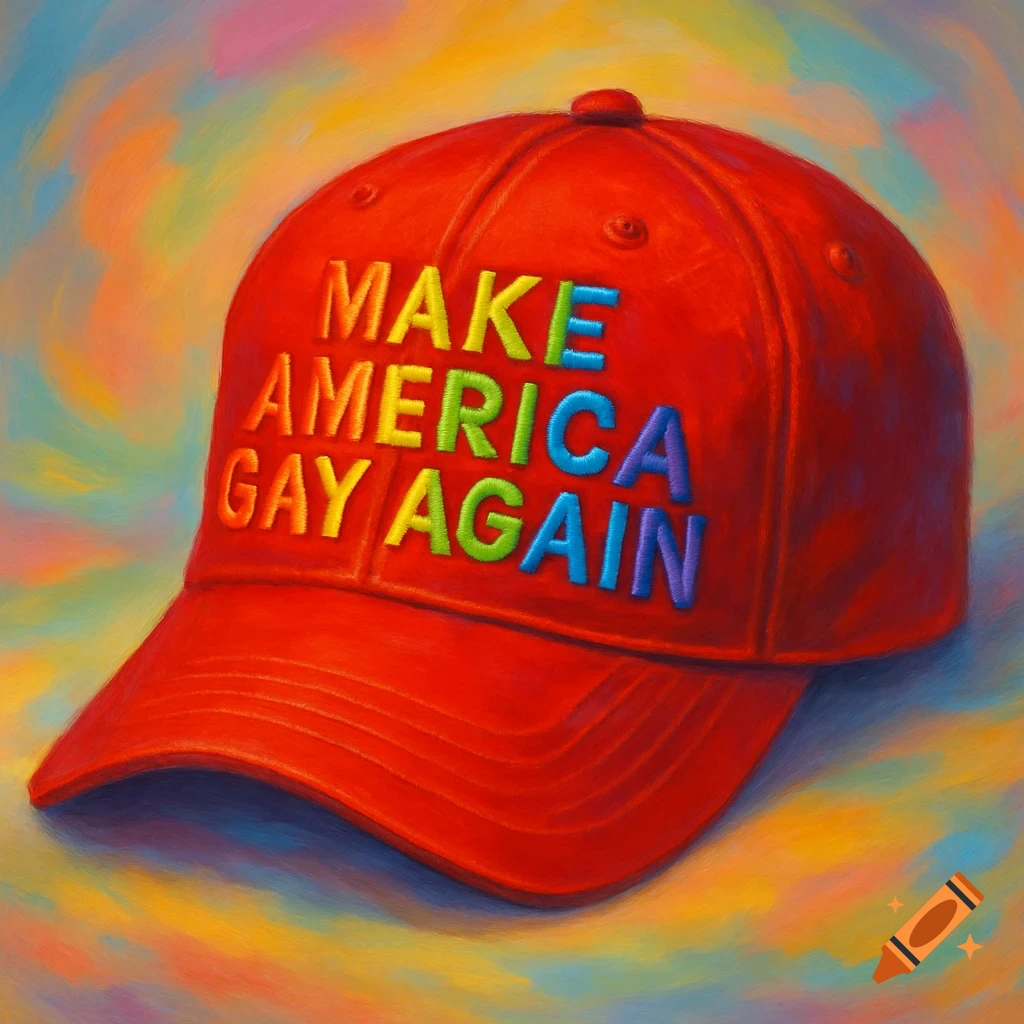 Red baseball cap with 'MAKE AMERICA GAY AGAIN' in rainbow letters against a colorful background.