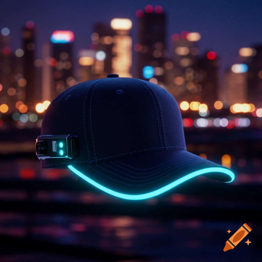 A dark baseball cap with a glowing neon blue brim and a small tech device on the side, set against a blurry night city skyline.