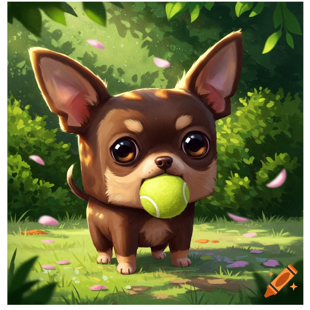 A cute, big-eyed cartoon chihuahua with brown and tan fur holds a green tennis ball in its mouth, standing on grass with pink petals and green foliage.