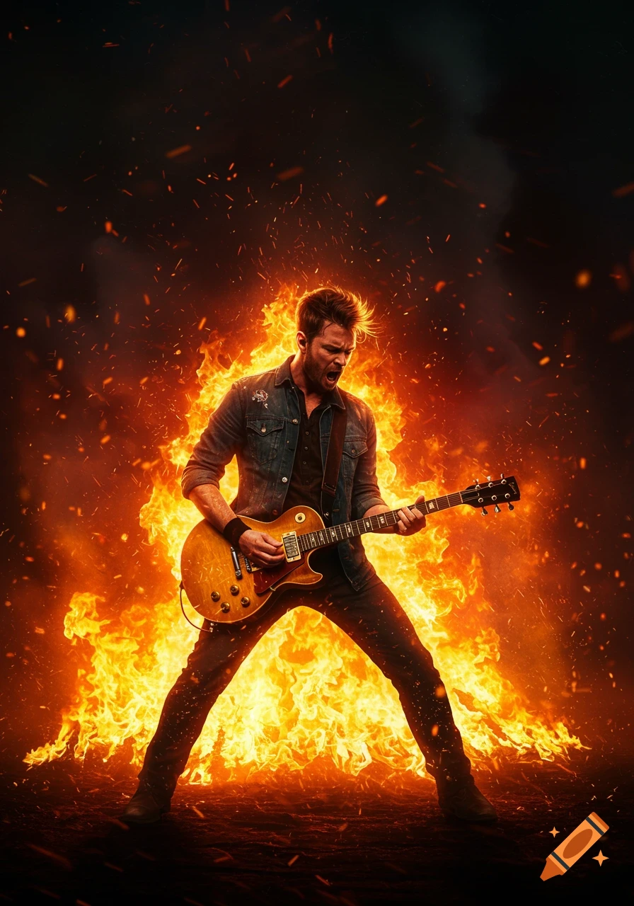 A man energetically plays an electric guitar surrounded by a dramatic ring of fire and embers.