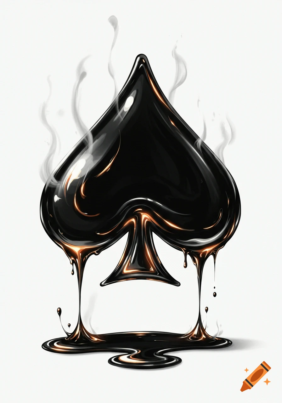 A glossy, black spade playing card suit melting with orange highlights and wisps of smoke on a white background.