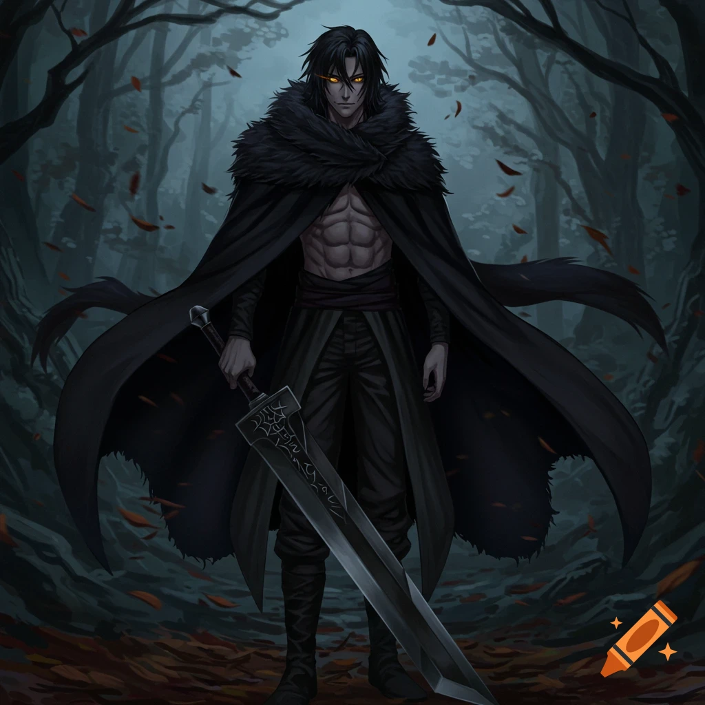 Anime male character with black hair and yellow eyes, wearing a black fur cloak, standing in a dark forest holding a large sword.