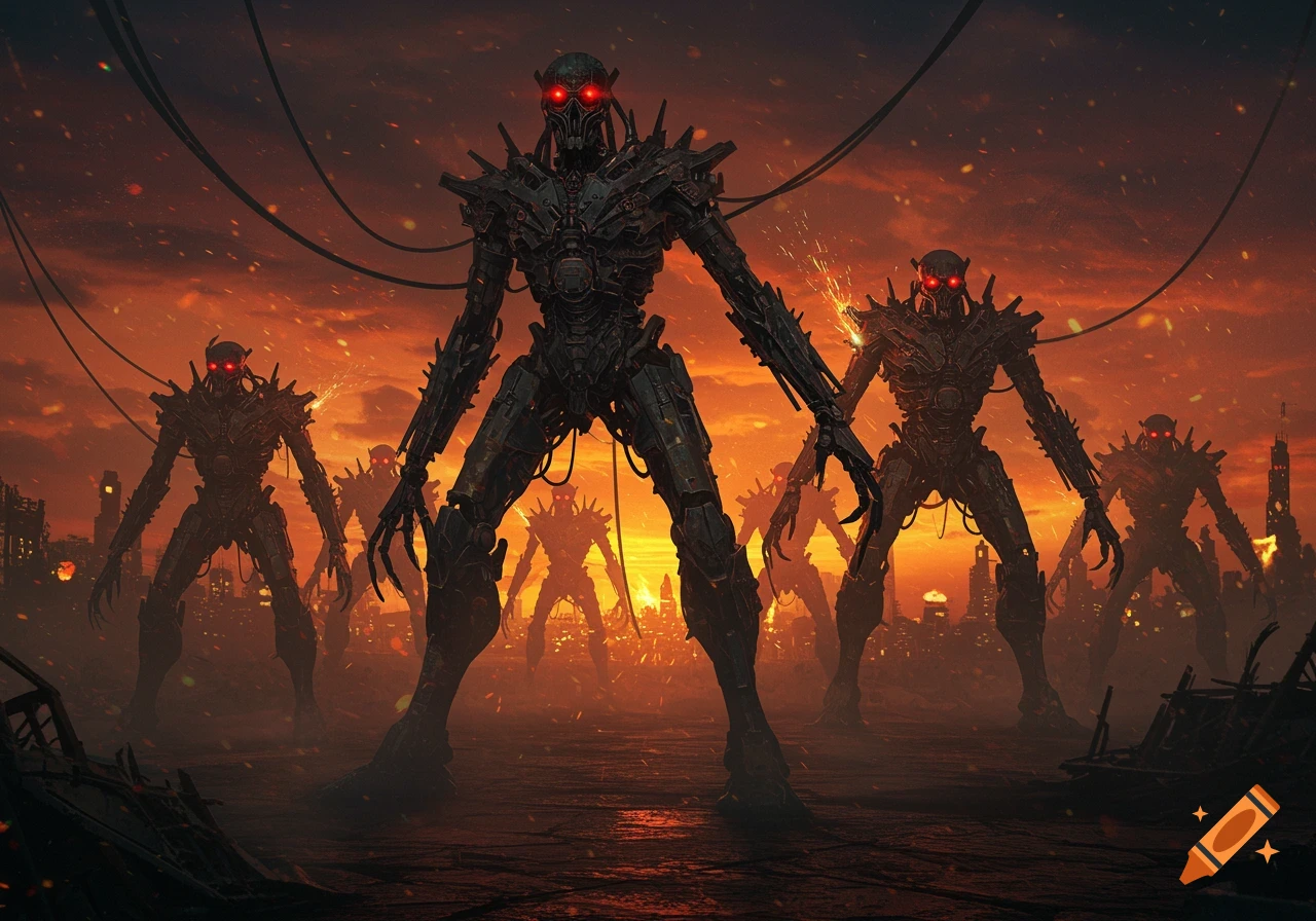 Several menacing dark metal robots with glowing red eyes stand in a desolate, fiery orange landscape with a ruined city.