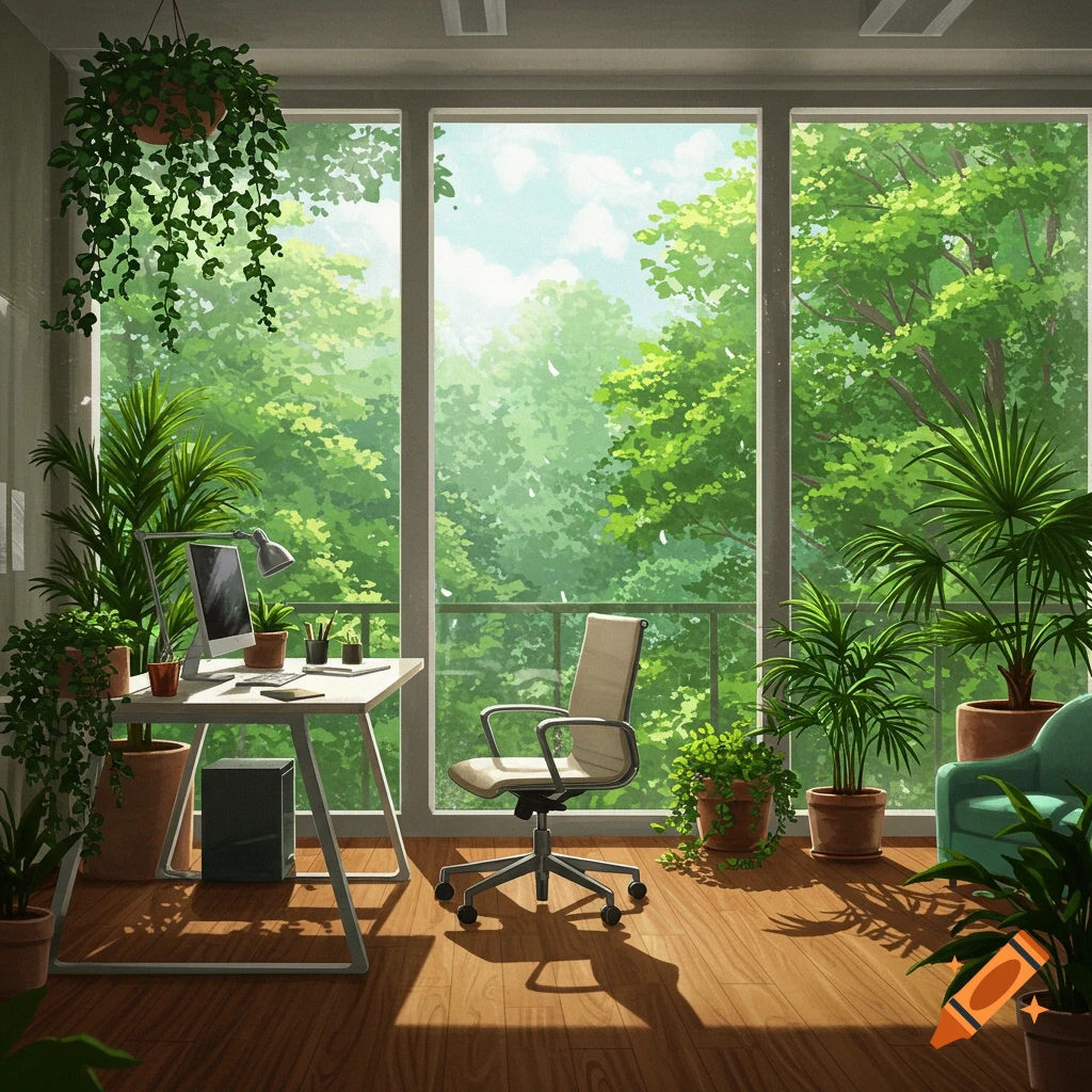 An illustration of a home office filled with plants, featuring a desk and chair, and a large window offering a view of a verdant forest.