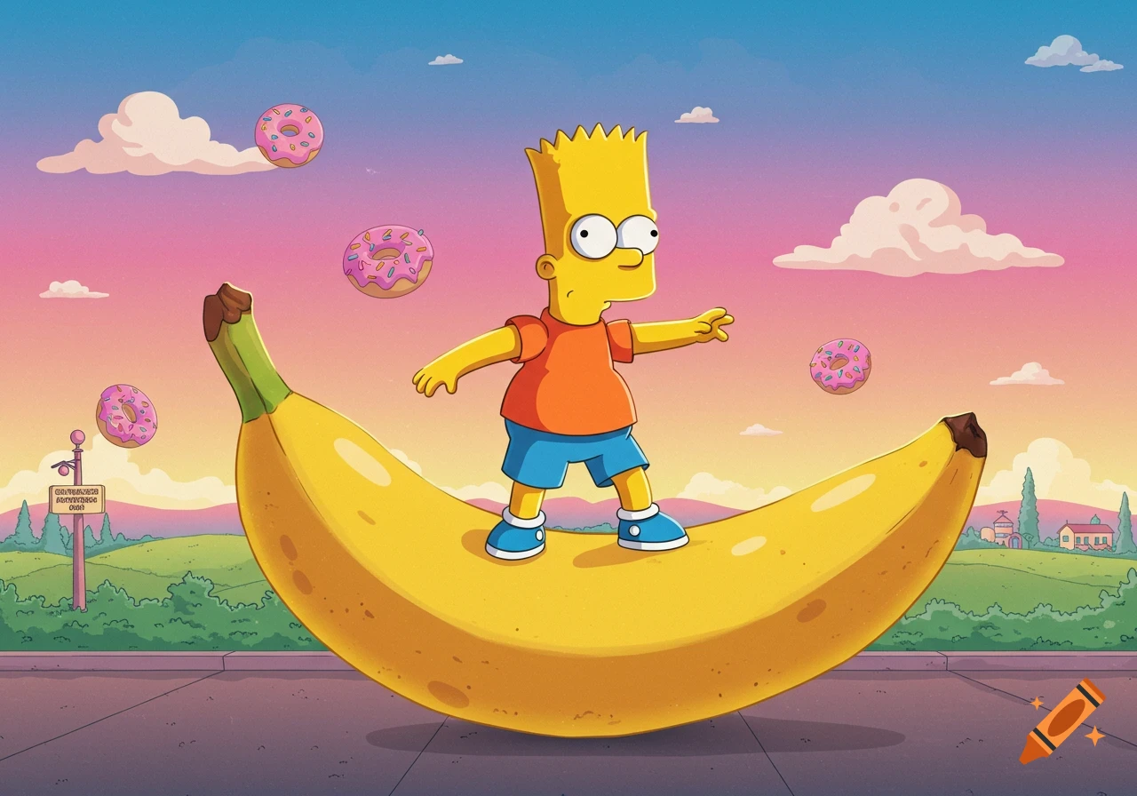 Bart Simpson surfing on a giant banana under a vibrant pink and blue sunset sky with floating donuts and a green landscape.
