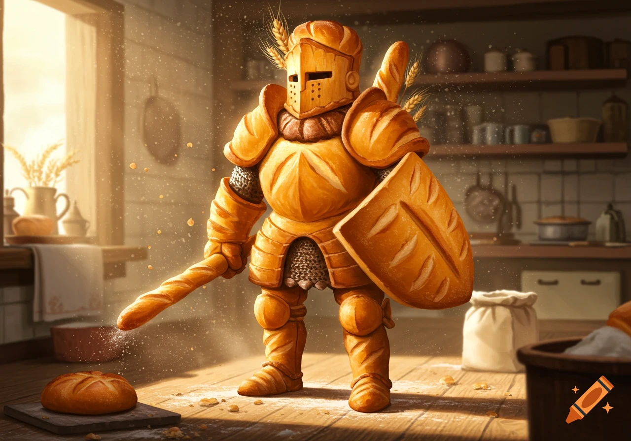 A whimsical bread knight in full loaf armor, wielding a baguette sword and shield, stands in a sunlit kitchen scattered with flour.