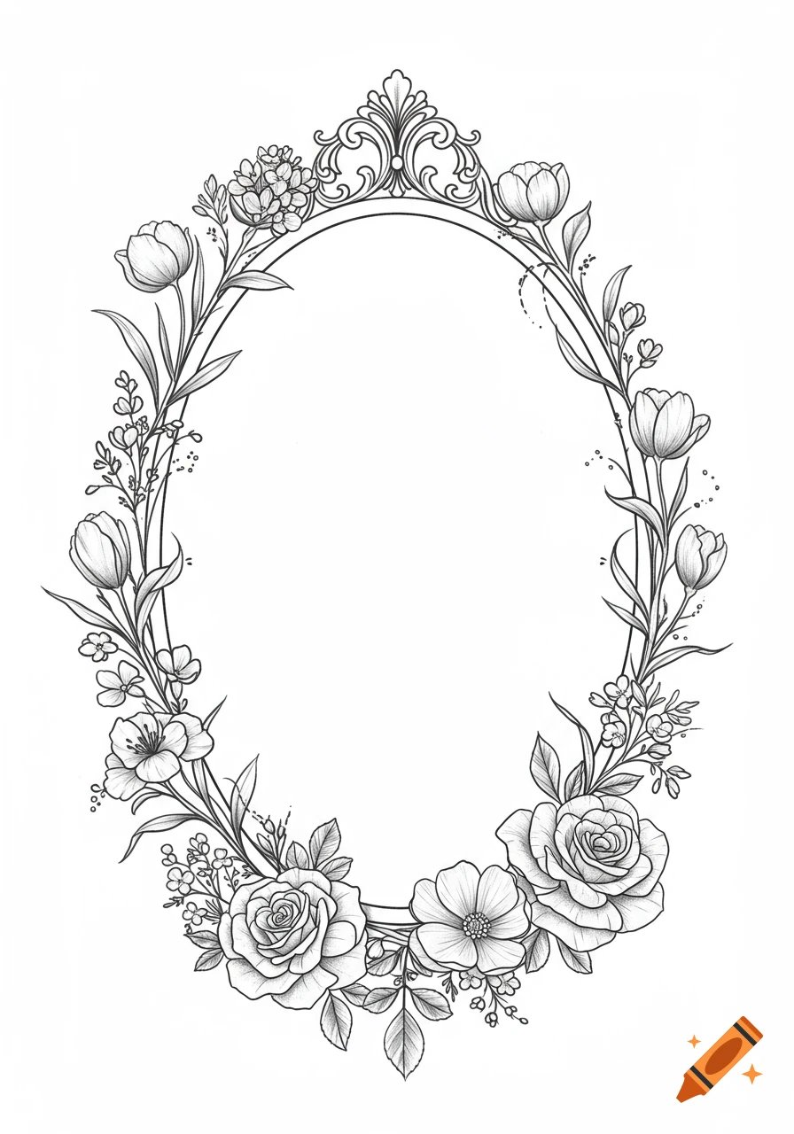 Black and white line art of an elegant oval frame adorned with roses, tulips, and wildflowers.