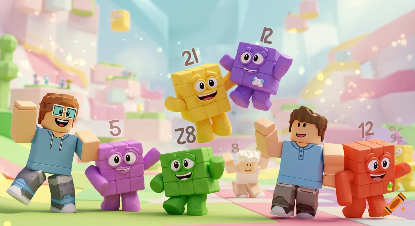 Roblox and colorful Numberblocks characters in a playful, pastel-toned scene with floating numbers.