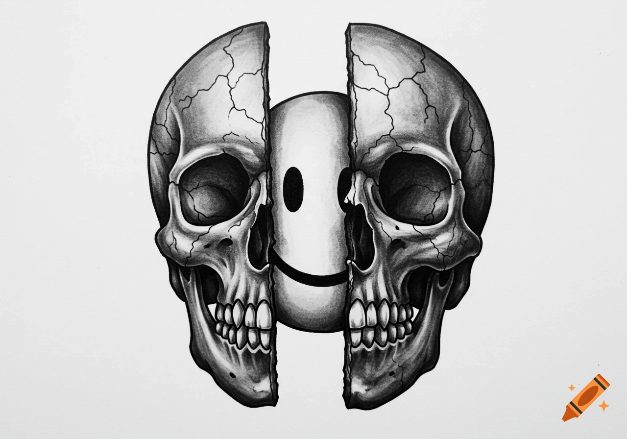 A black and white tattoo-style illustration of a skull split in half revealing a smiley face inside.