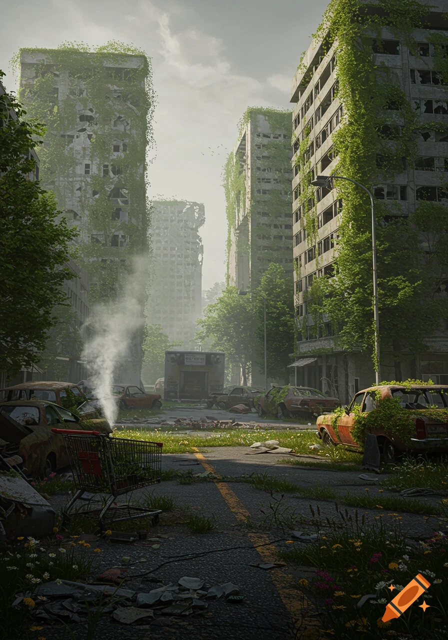 An abandoned city street with dilapidated buildings overgrown with vines, rusted cars, and scattered debris under an overcast sky, in a photorealistic style.