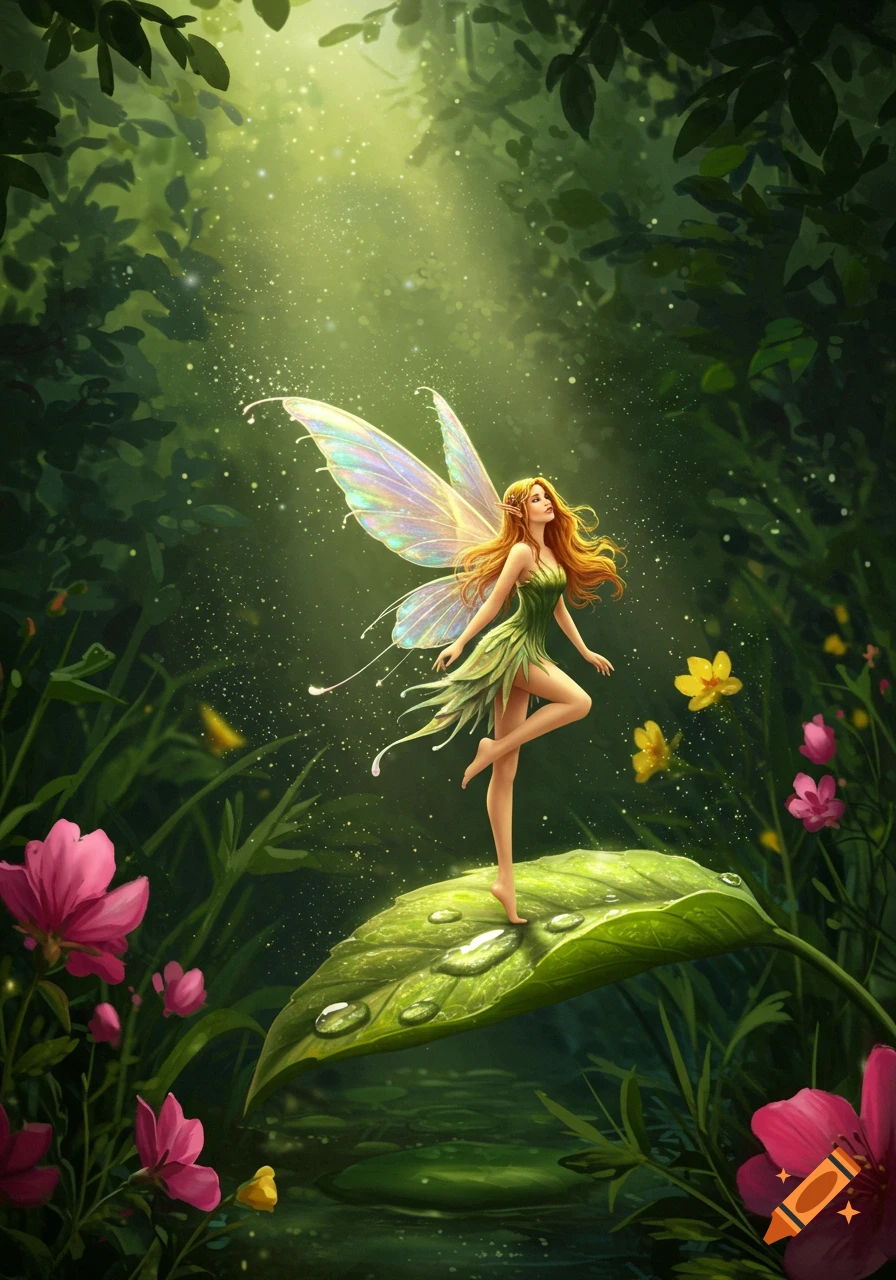 A beautiful fairy with long orange hair and iridescent wings stands on a dew-covered green leaf in a magical sunlit forest, surrounded by flowers.