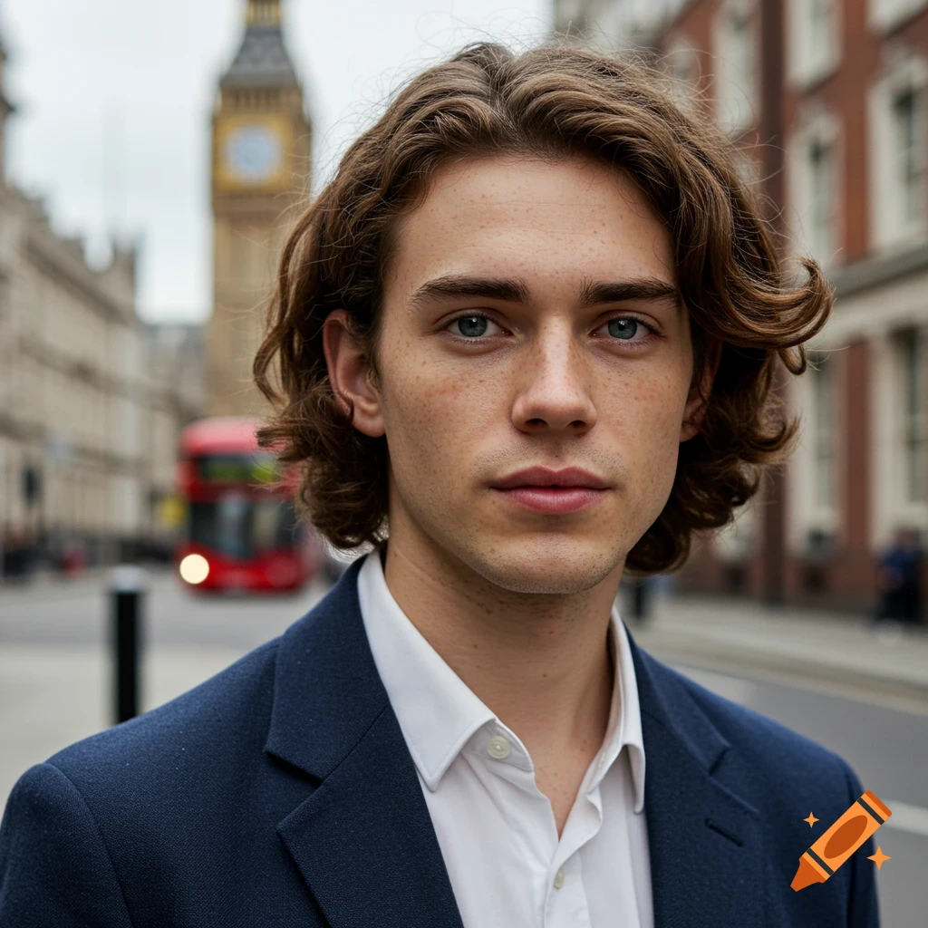 Photorealistic portrait of a young man on a London street, with Big Ben and a red bus blurred in the background.